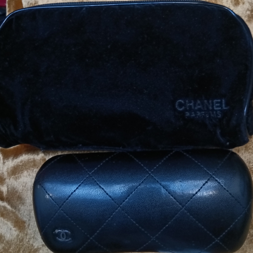 CHANEL Black Quilted Glasses Case & Velvet Cosmetic Bag